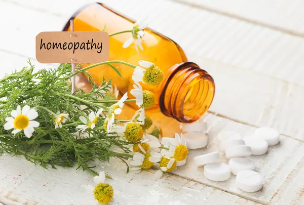 Herbes et bouteille avec des médicaments. Homéopathie conceptuelle . — Photo