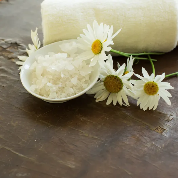 Sea salt in bowl with chamomile — Stock Photo, Image