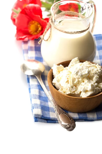 Cottage cheese, milk — Stock Photo, Image