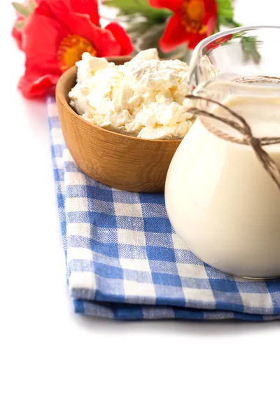 Cottage cheese, milk — Stock Photo, Image