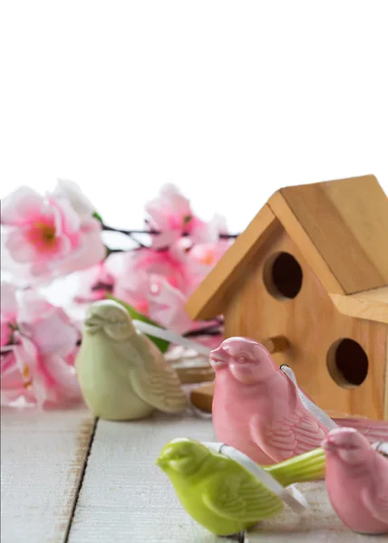 Malý ptáček dům a jarní květiny — Stock fotografie