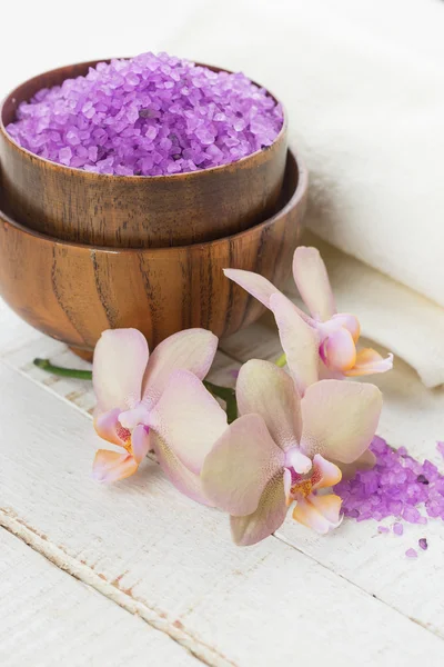 Spa concept. Flowers, sea salt and towel — Stock Photo, Image