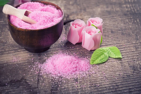 Sea salt in bowl and soap — Stock Photo, Image