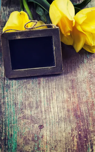 Čerstvý tulipány a prázdné tabule — Stock fotografie