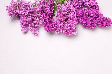 Beyaz desenli masa üzerinde rengarenk bahar leylak çiçekleri olan bir arka plan. Seçici odaklanma. Mesaj için yer. Üst görünüm.