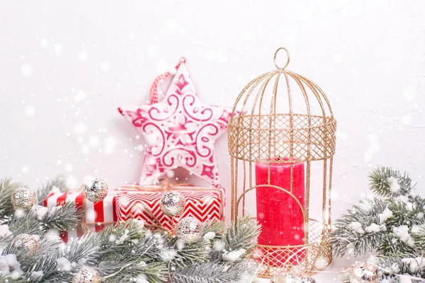 Fir Tree Branches Boxes Presents Red Candle Decorative Bird Cage — Stock Photo, Image