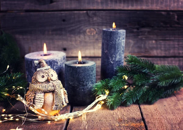 Christmas Greeting Card Owl Bird Fir Tree Spruces Black Burning — Stock Photo, Image