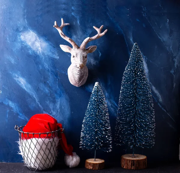 Christmas Postcard Santa Claus Hat Wire Basket Two Decorative Blue — Stock Photo, Image