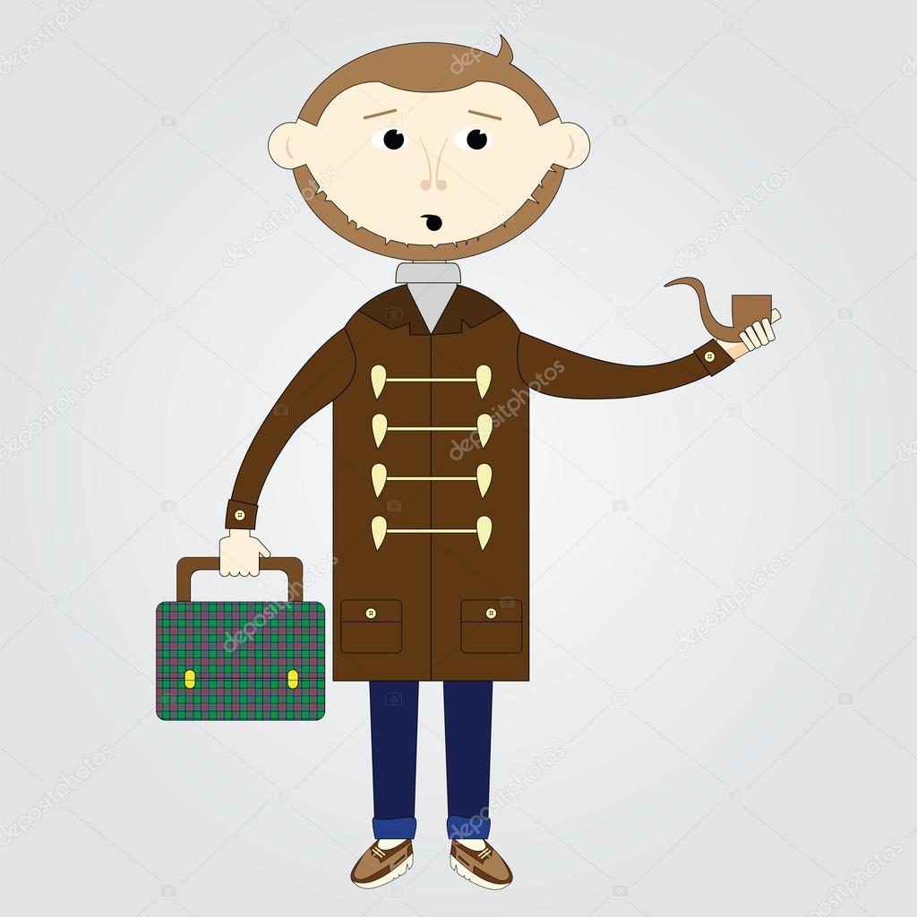 Illustration of young man with bag and tobacco pipe
