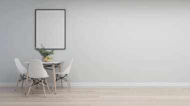 İskandinav odasının içinde yemek masası, armut ve sandalyeler var. Ahşap zemini ve resim çerçeveleri olan parlak bir oda. 3d hazırlayıcı