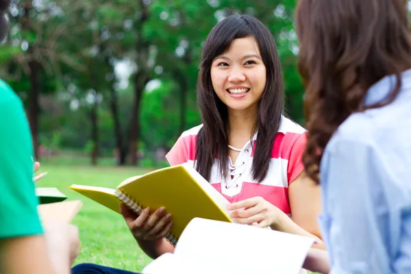 Schüler lesen gemeinsam ein Buch im Park. — Stockfoto