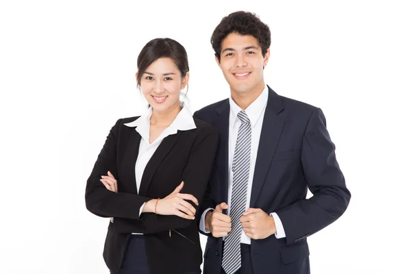 Businessman and businesswoman smiling — Stock Photo, Image