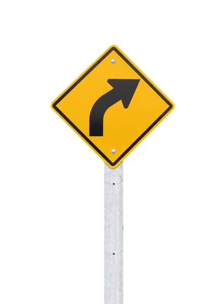 Señales de tráfico, curva derecha aislada sobre fondo blanco. (Recorte camino ) — Foto de Stock