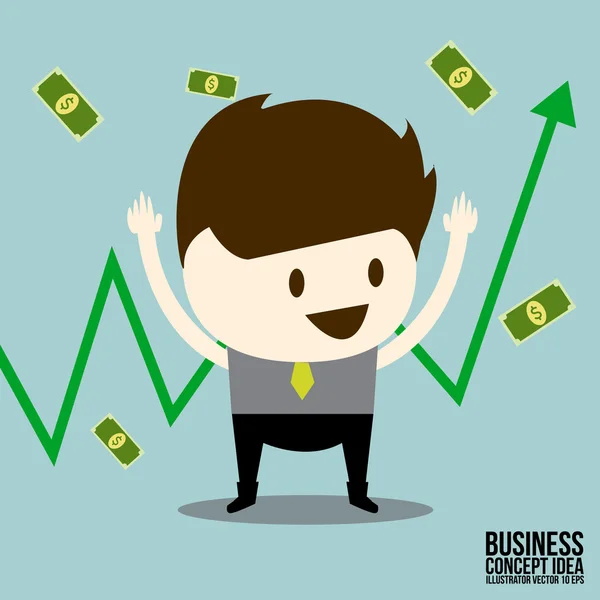 Homme d'affaires heureux avec graphique de trading en actions et dollar — Image vectorielle