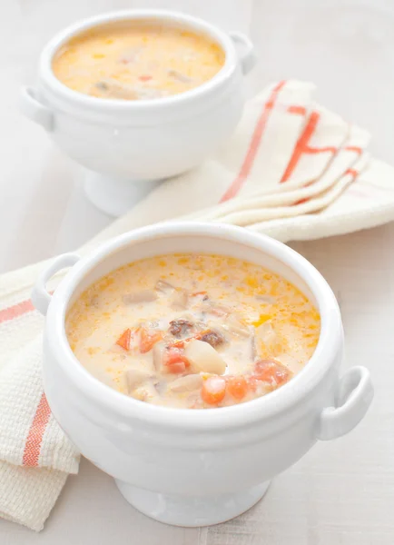 Creamy soup with vegetables ad fish — Stock Photo, Image