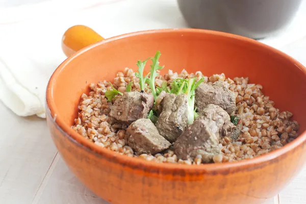 Buckwheat with liver pieces — Stock Photo, Image