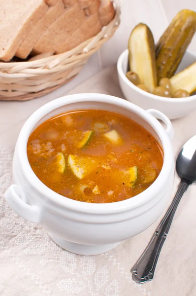 Homemade soup with pickles and bread — Stock Photo, Image