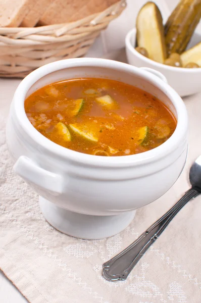 Tomato soup with pickles and olives — Stock Image Tomato soup with pickles and olives Royalty Free Stock Photos