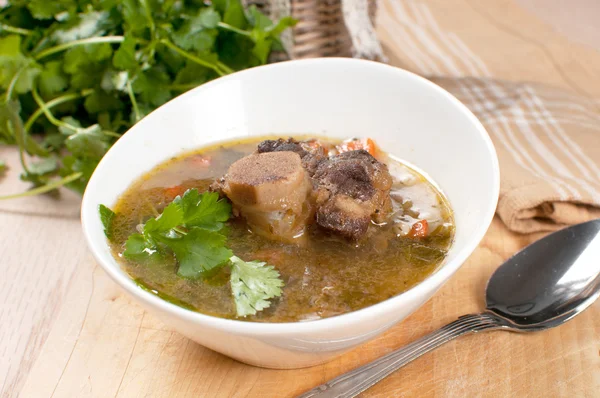 Suppe mit Fleisch und Knochen und Petersilie — Stockfoto