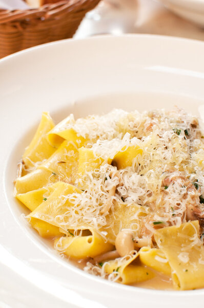 Pappardelle pasta with cheese, mushrooms and meat