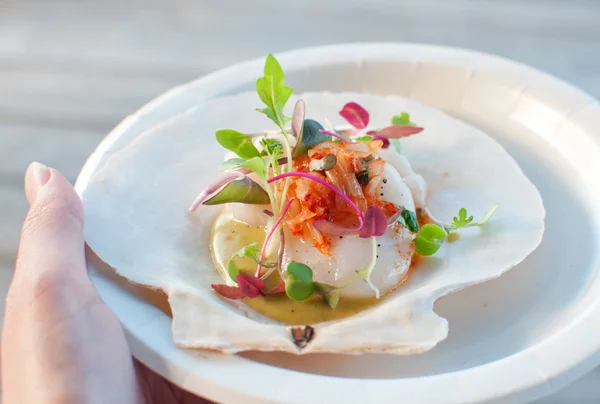 Vorspeise Ceviche mit roher Jakobsmuschel lizenzfreie Stockfotos