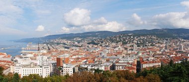 Trieste 'nin manzarası. Limanın ve Trieste kasabasının panorama manzarası. İtalya