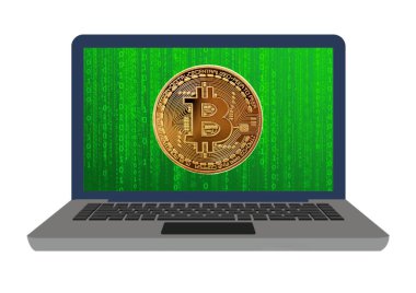 Bilgisayarda, ekranda ikili kod olan dijital Altın Bitcoin. Yeni teknoloji ekonomi kavramı