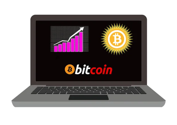 Golden Bitcoin Ноутбуке Трендовым Графиком Знаком Криптовалюты Новая Концепция Технологической — стоковое фото