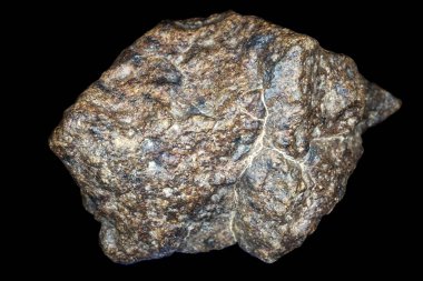 Chondrite Meteorit taşı siyah arkaplanda izole edilmiş. Güneş Sistemi oluşumu sırasında oluşan bir kaya parçası.