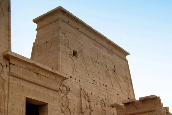 Reliefs Hiéroglyphes Sur Île Phile File Assuan Égypte — Photo