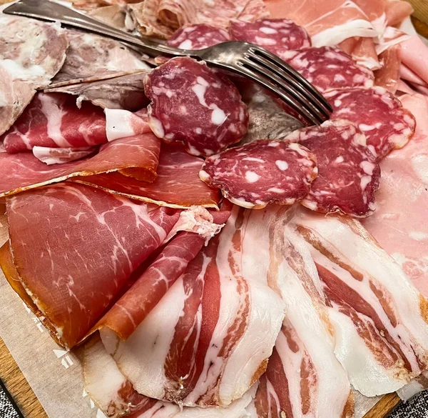 Tray Typical Italian Salami Platter Assorted Cured Meat — Stock Photo, Image