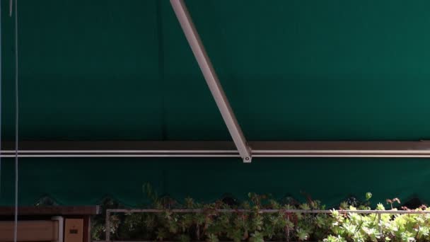 Green Awning Opening Trees Sunny Day — Video