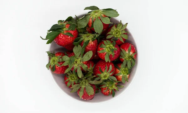Fresh Strawberry Bowl Isolated White Background Top View — Zdjęcie stockowe