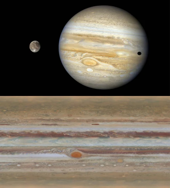 Planet Jupiter Med Månen Ganymede Till Vänster Och Platt Representation — Stockfoto