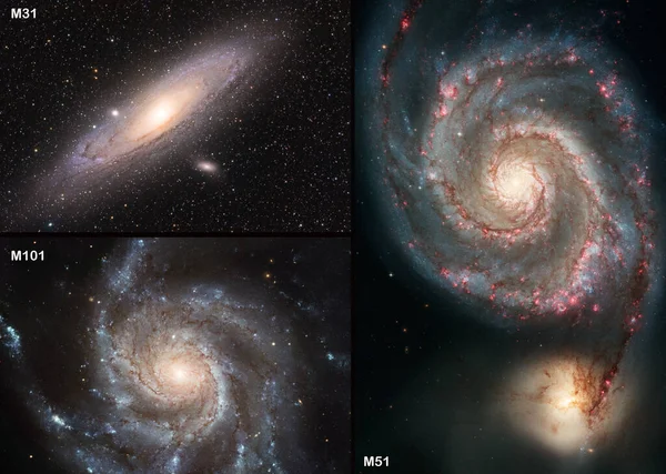 螺旋星系照片拼贴 M31 M51 M101 美国航天局提供的这张照片的内容 — 图库照片