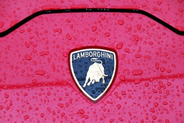 Bologna - İtalya - 28 Mayıs 2022 Lamborghini 'nin ana logosu yağmur damlalarıyla ıslanmış bir Lamborghini Huracan' ın kaputunda
