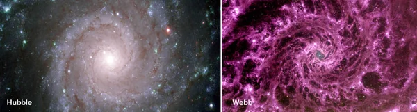 Hubble Webb Space Telescopes Photos Comparisons Visual Gains M74 Ngc — Stock Photo, Image