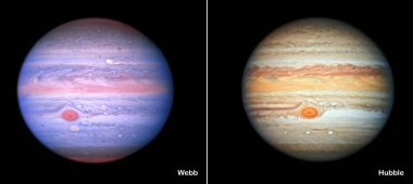 Planet Jupiter comparison visual gains in ultraviolet, visible, near infrared, light. Elements of this image were furnished by NASA.