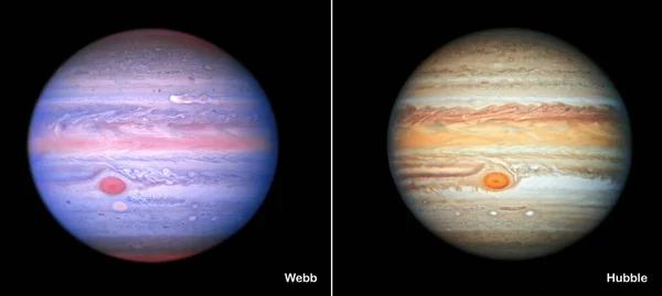 Planet Jupiter Comparison Visual Gains Ultraviolet Visible Infrared Light Elements — Stockfoto