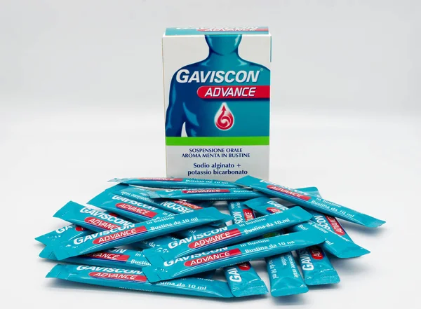 Bologna - Italy - July 20, 2022: Gaviscon Advance antacid sachet for heartburn and indigestion. Mint flavor in sachets isolated on white background.