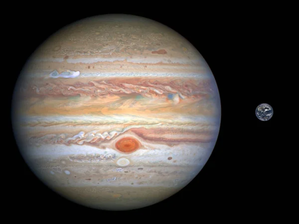 Korrekt Storleksjämförelse Jorden Och Jupiter Planeten För Solsystemet — Stockfoto