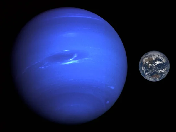 Accurate size comparison of Earth and Neptune. Planets of Solar System. 3D illustration