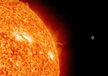 Dünya ve Güneş 'in tam ölçüsünde. 3B illüstrasyon