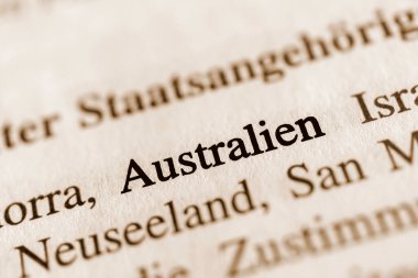Avustralya - Sepya tonlu arkaplan üzerine Almanca metin sözcüğü