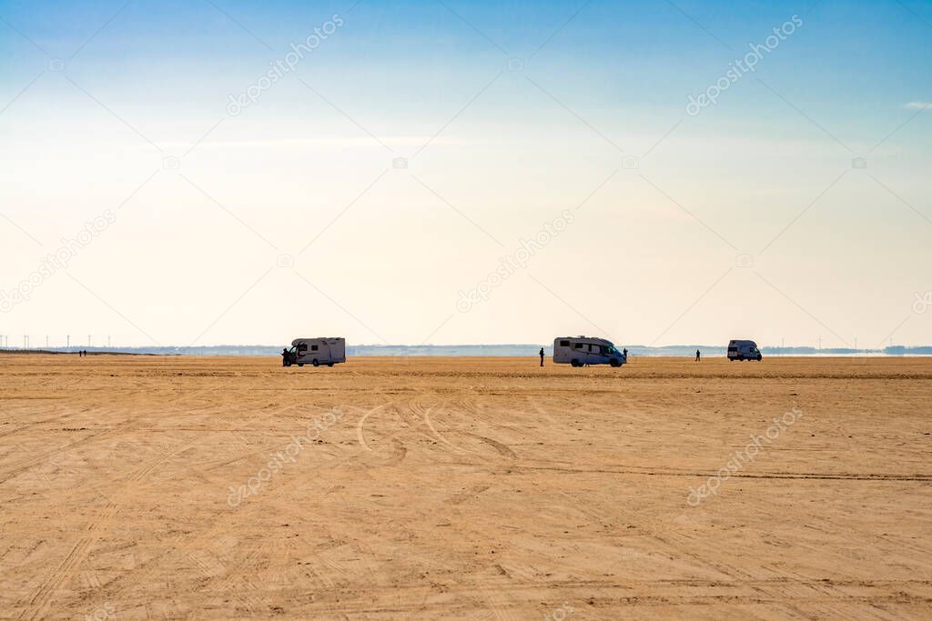 Camping vehicles on the beach on the Danish island of Romo