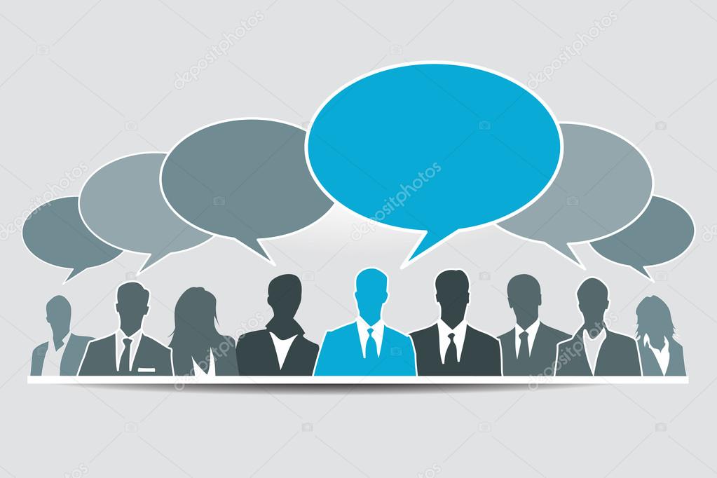 Social media group on grey background and blue speech bubble