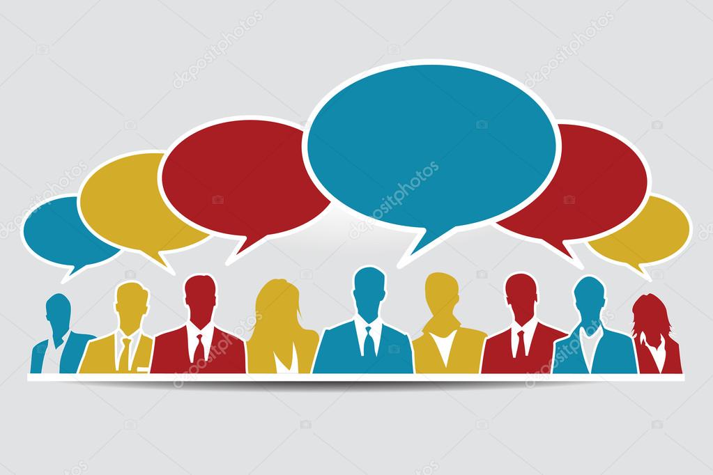 Social media group on grey background and blue speech bubble