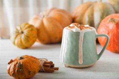 Kabakların arka planında köpük ve tarçınlı kupa. Balkabağı Sonbahar Isınması Yakın plan için ve boşluğu kopyalayın...
