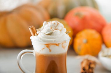 Kabakların arka planında köpük ve tarçınlı kupa. Balkabağı Sonbahar Isınması Yakın plan için ve boşluğu kopyalayın...