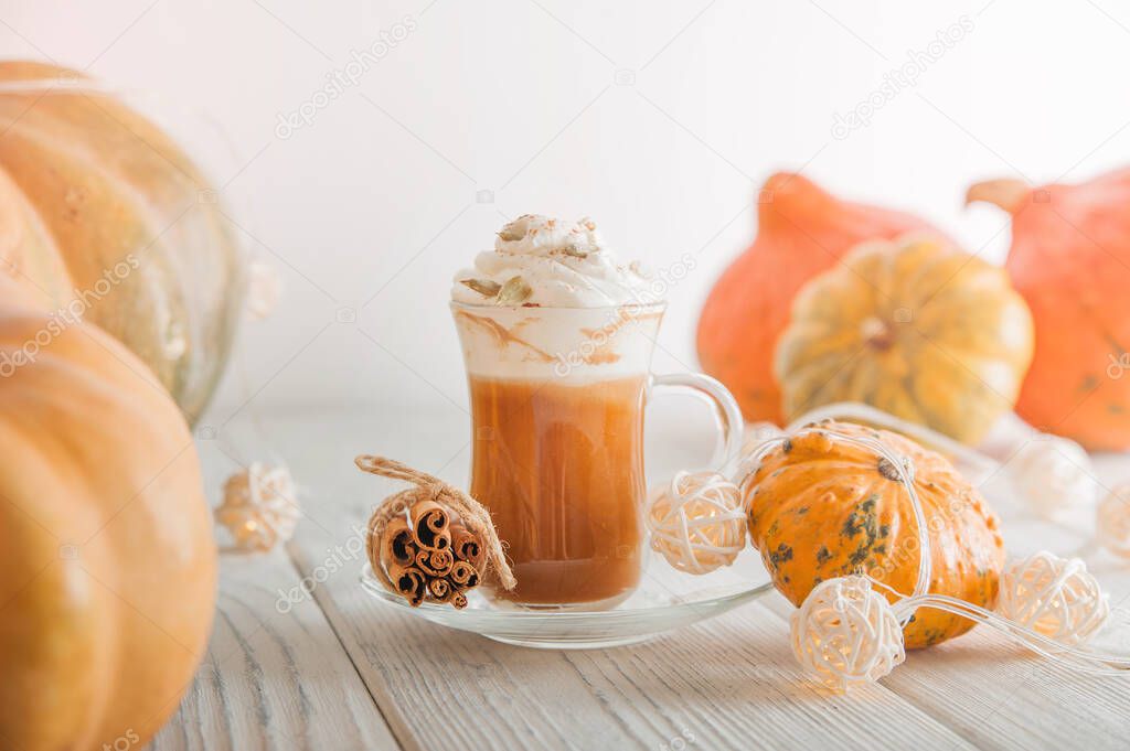 Cup with foam and cinnamon on background of pumpkins. Pumpkin autumn warming drink close-up and copy space...